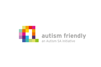 Coloured blocks next to text that says autism friendly an autism sa initiative