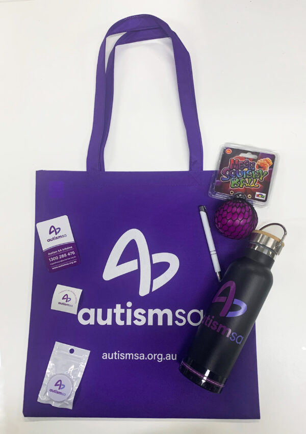 Autism SA supporter pack purple carry bag drink bottle mesh ball sticker and phone grip
